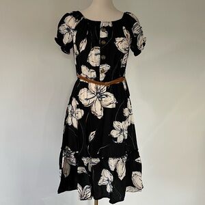 Floral Black Dress with Belt